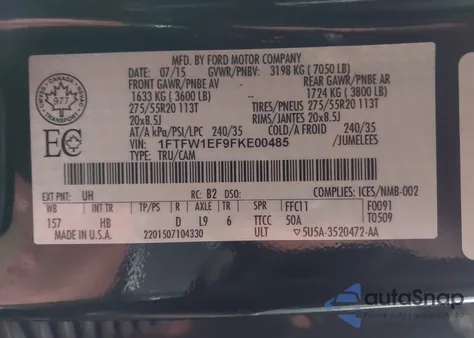 2015 Ford F-150 Lariat z USA, uszkodzony, nr VIN 1FTFW1EF9FKE00485